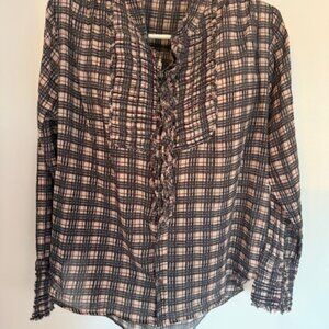 Free People - Plaid Button Down Shirt - Black and Cream - Size Medium